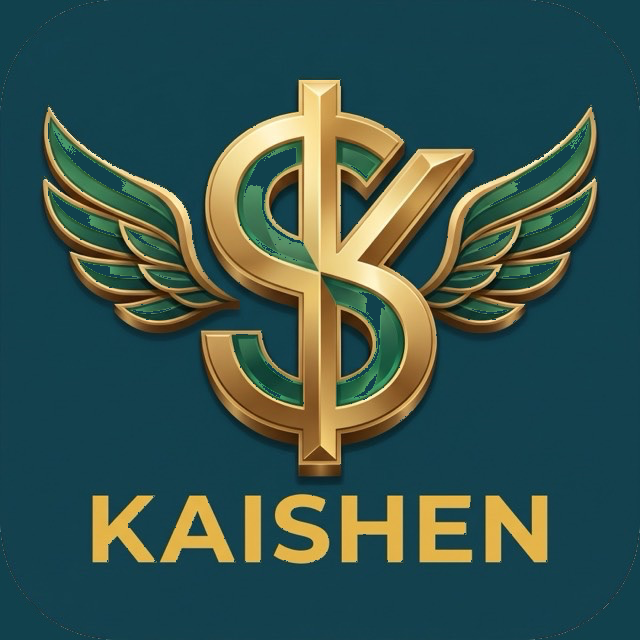 Kaishen icon: a gold winged dollar sign on deep teal
